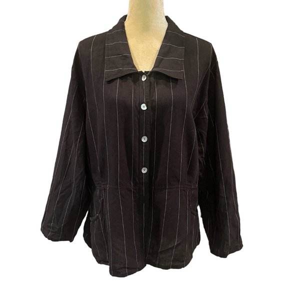Cottage Clothing Black Stripe 100% Linen Popken Hem Button Up Shirt Size XL - Picture 1 of 10
